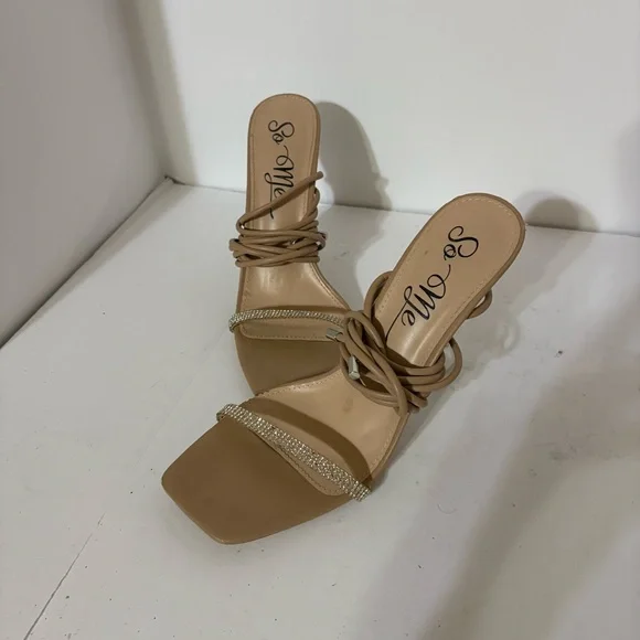 So Me Beige Strappy Heels with Rhinestones - Picture 2 of 7